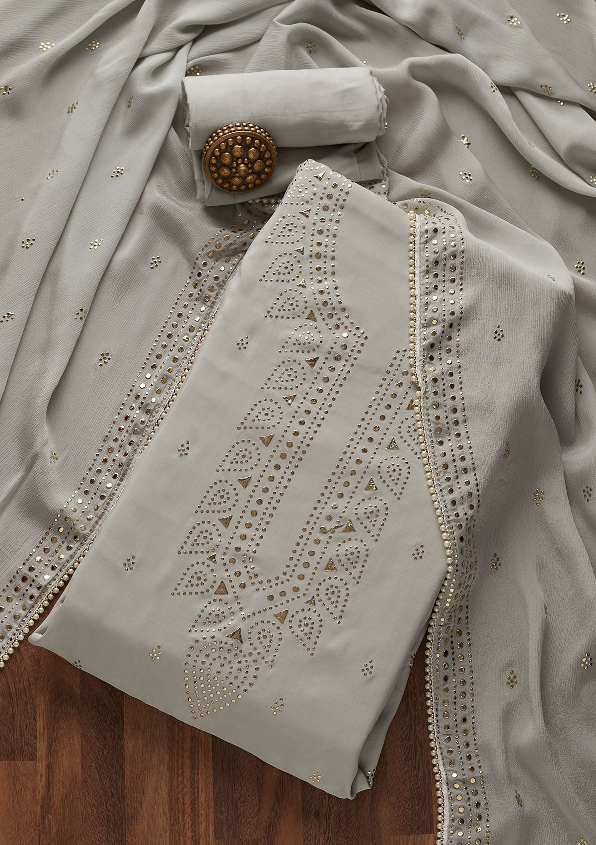 Grey Gotapatti Semi Crepe Unstitched Salwar Suit