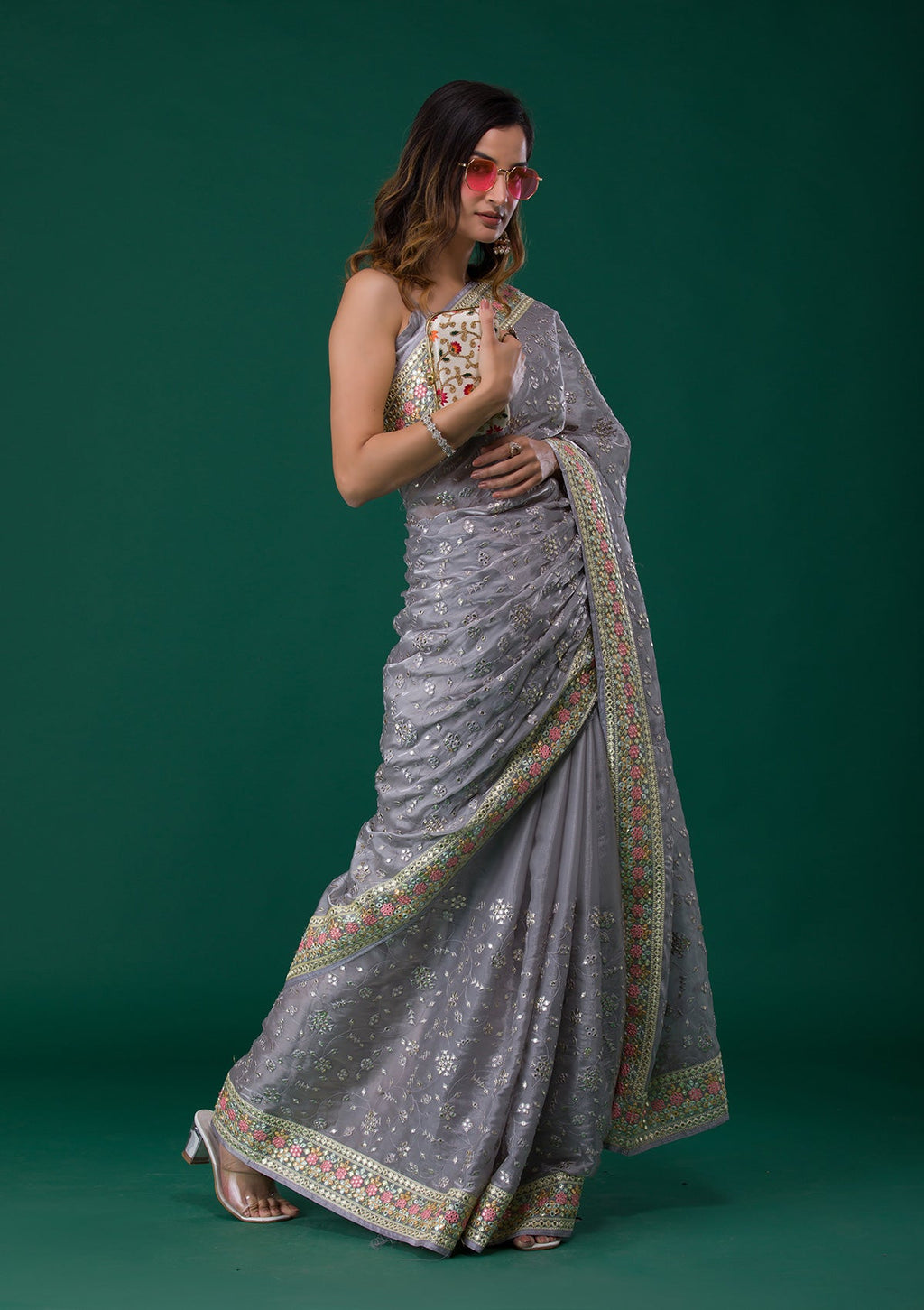 Grey Gotapatti Organza Designer Saree