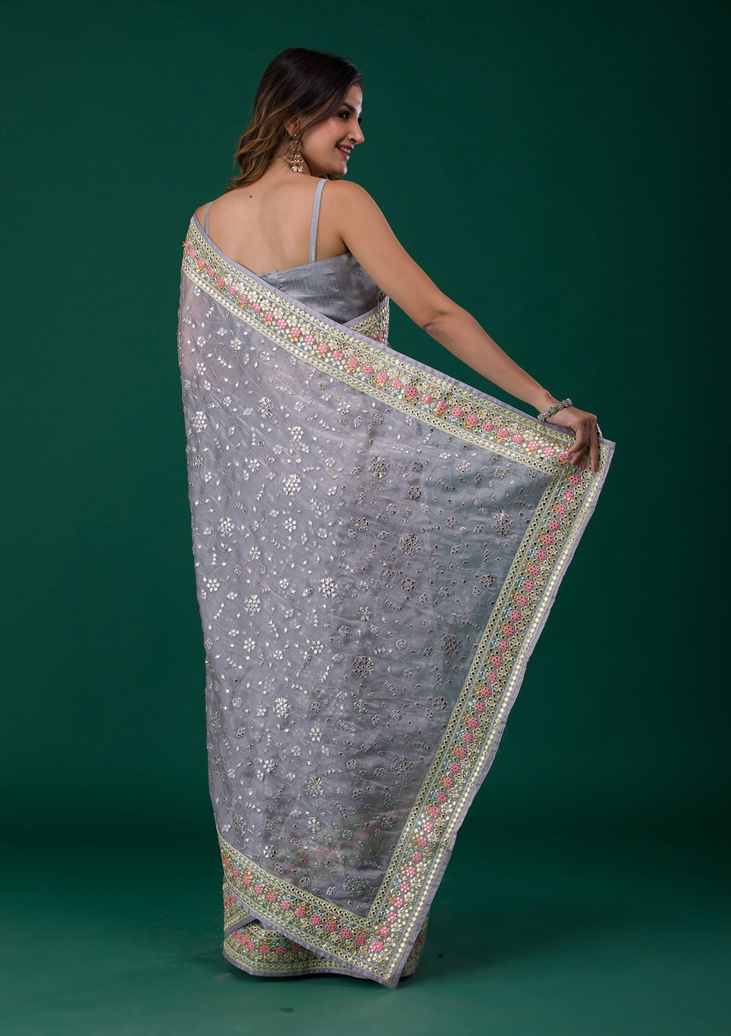 Grey Gotapatti Organza Designer Saree