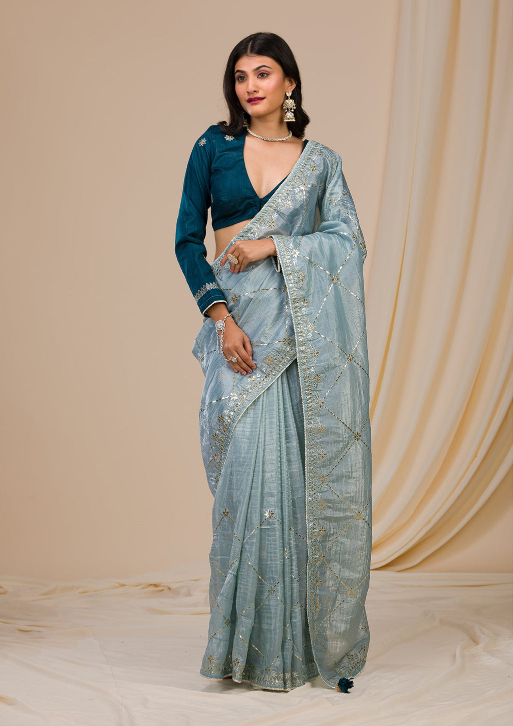 Grey Gotapatti Organza Saree