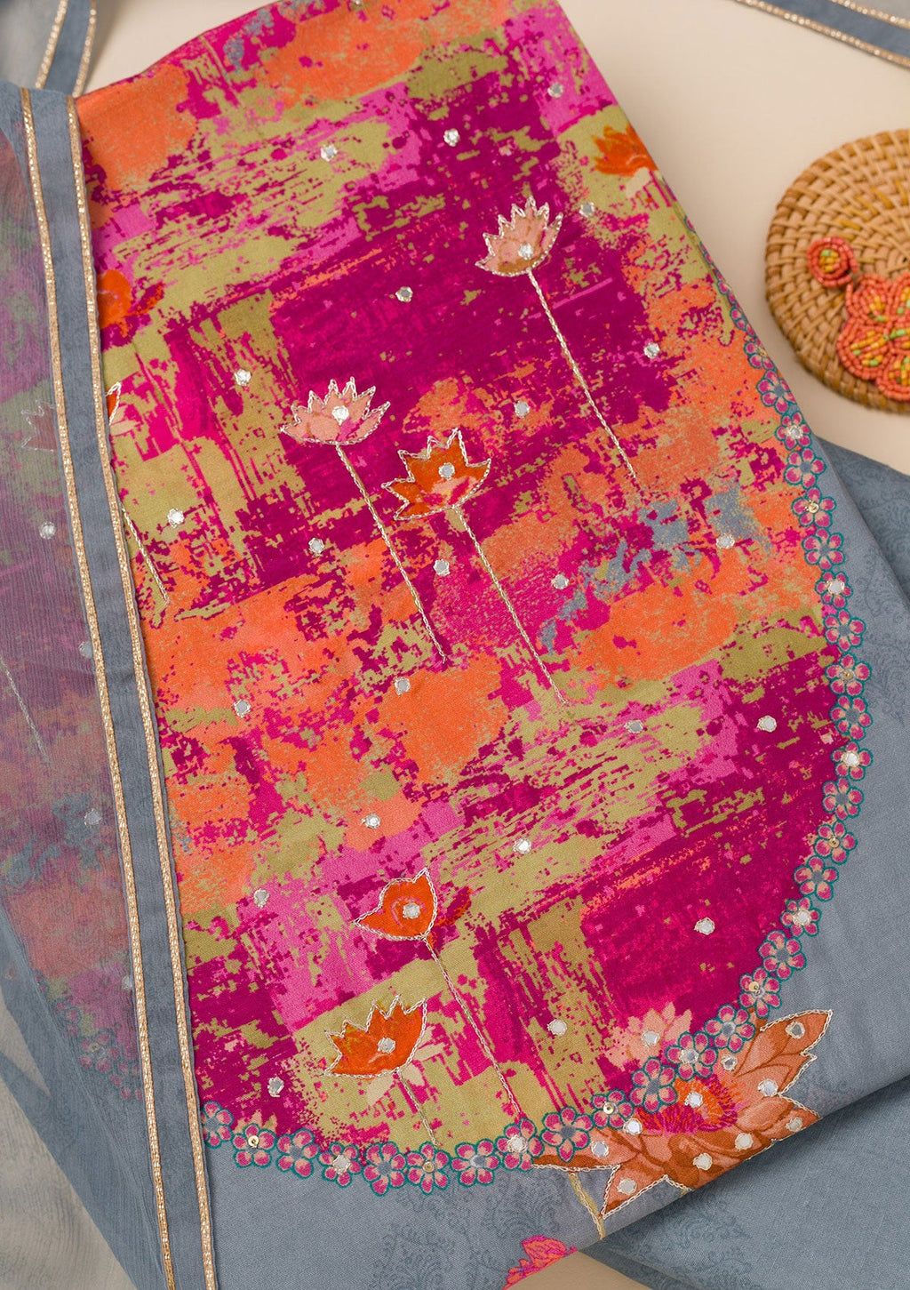 Grey Patchwork Semi Crepe Unstitched Salwar Suit