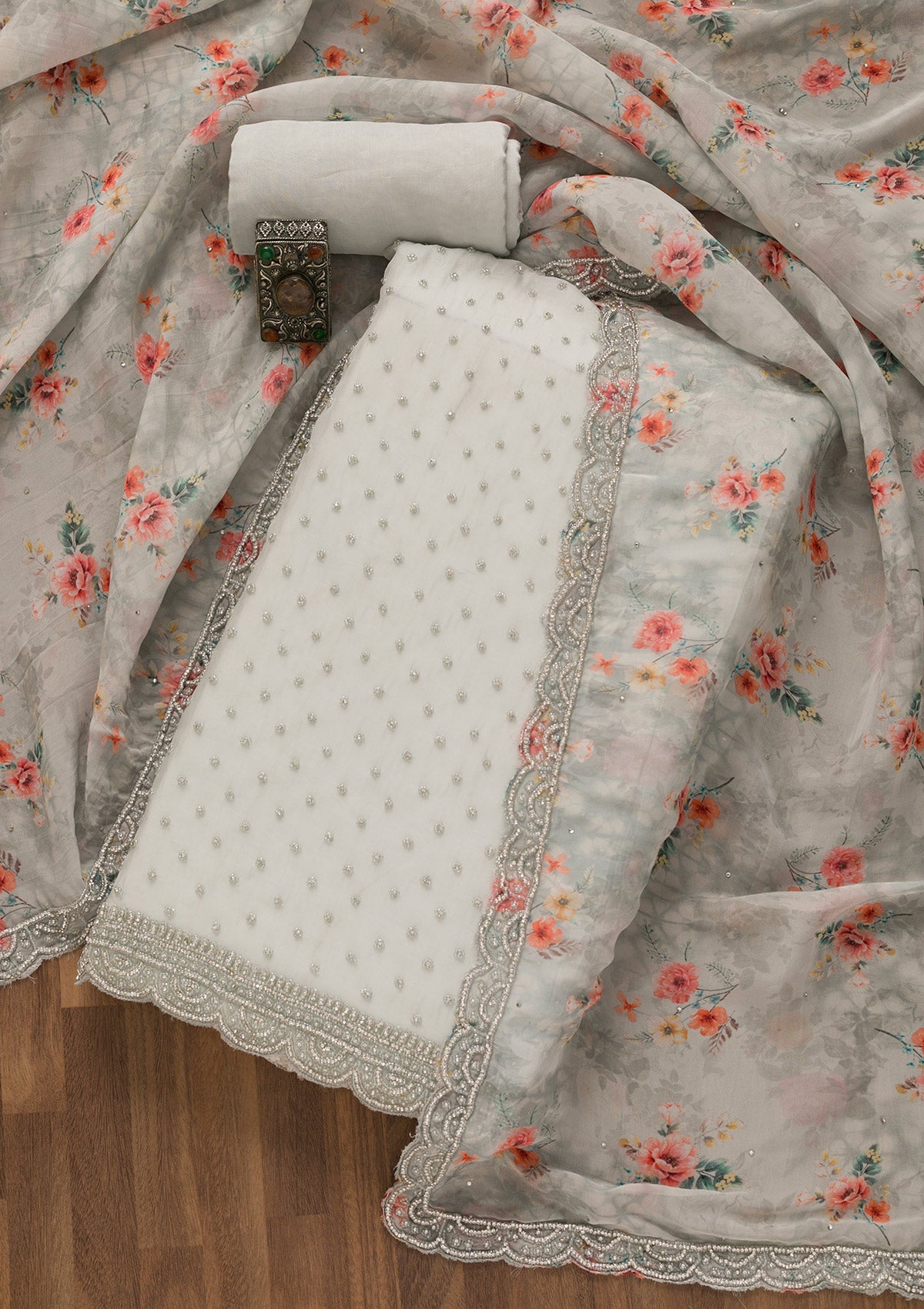 Grey Cutdana Organza Unstitched Salwar Suit
