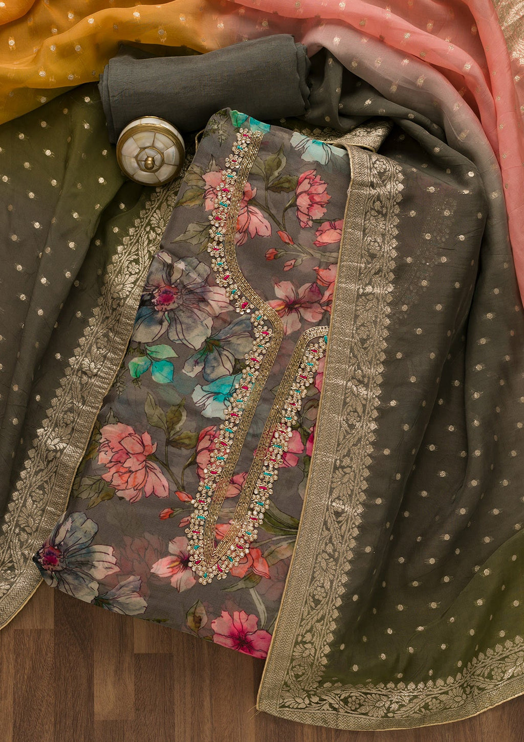 Grey Printed Organza Unstitched Salwar Suit