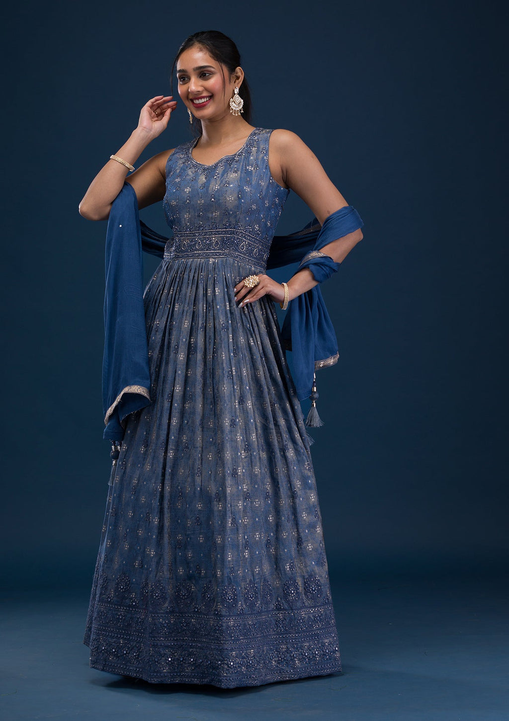 Grey Printed Semi Crepe Readymade Anarkali Suit