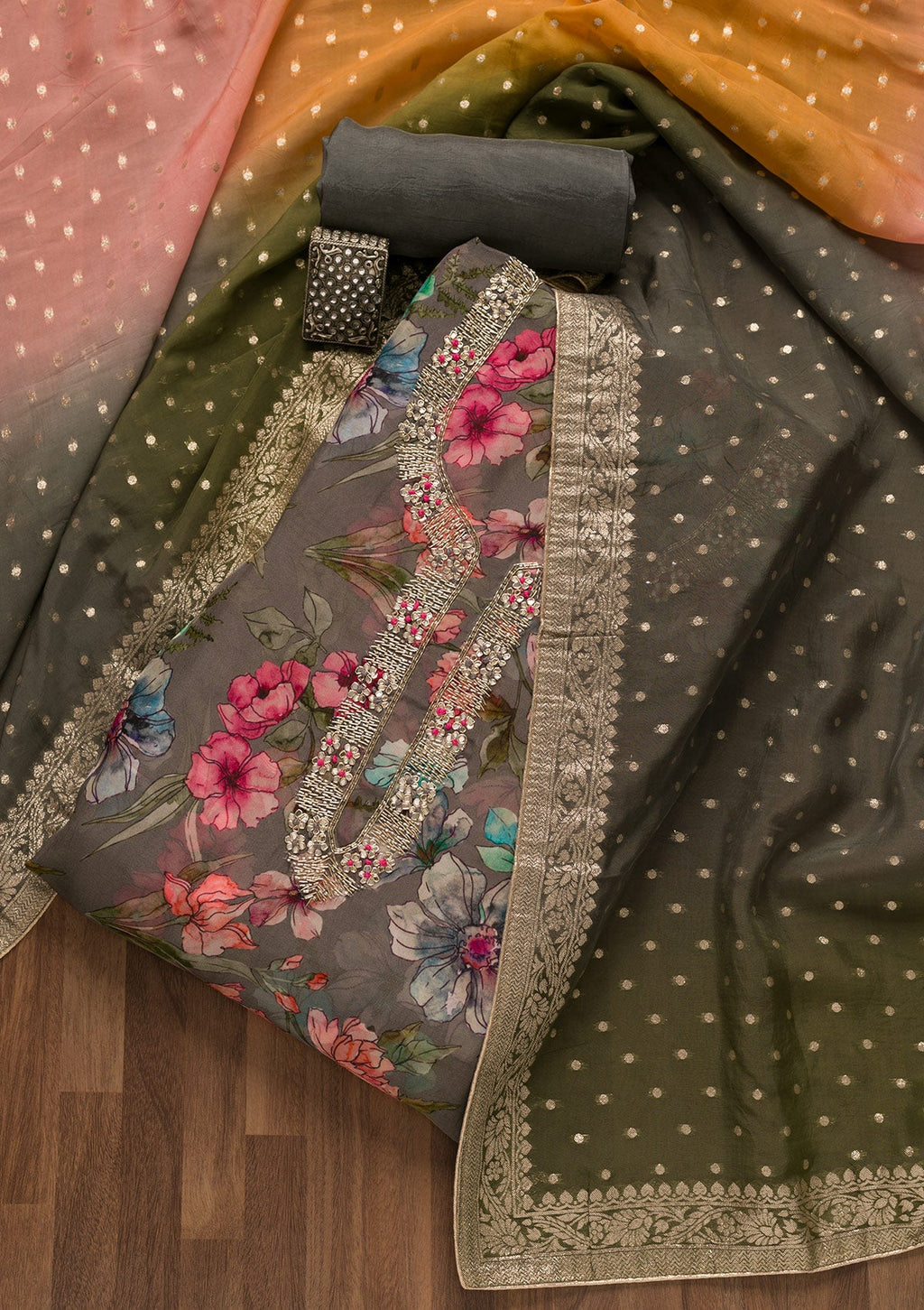 Grey Printed Tissue Unstitched Salwar Suit