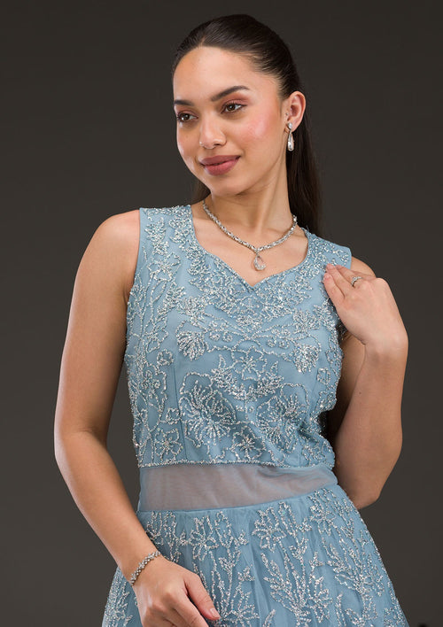 Blue Sequins Net Gown