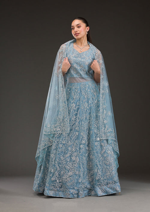 Blue Sequins Net Gown