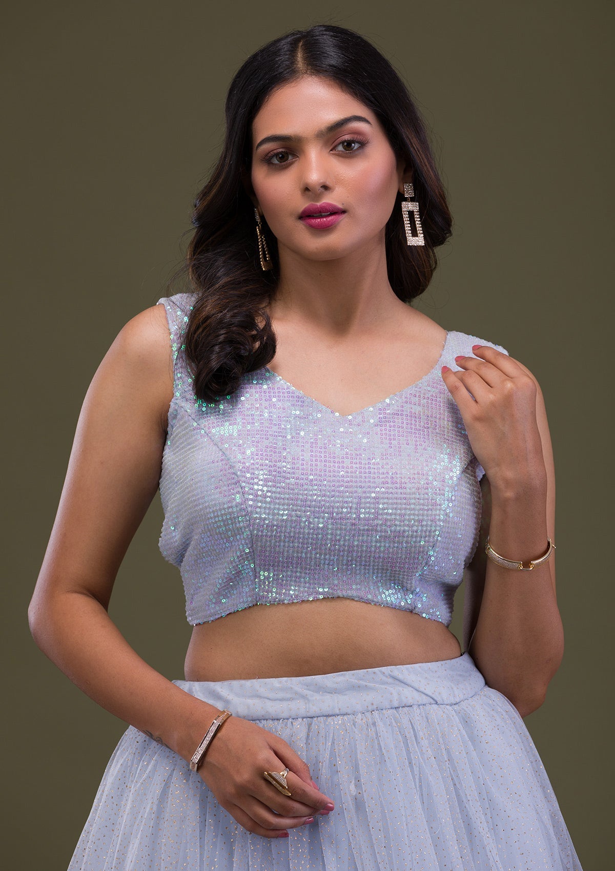 Grey Sequins Net Readymade Lehenga
