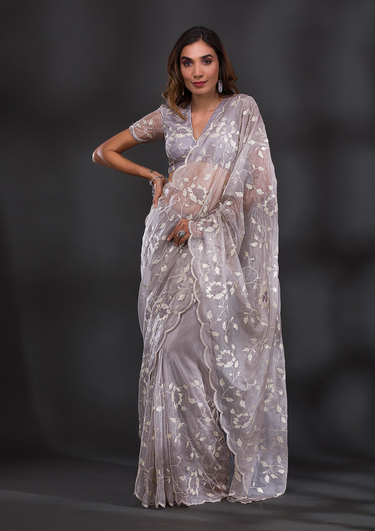 Grey Cutdana Tissue Saree