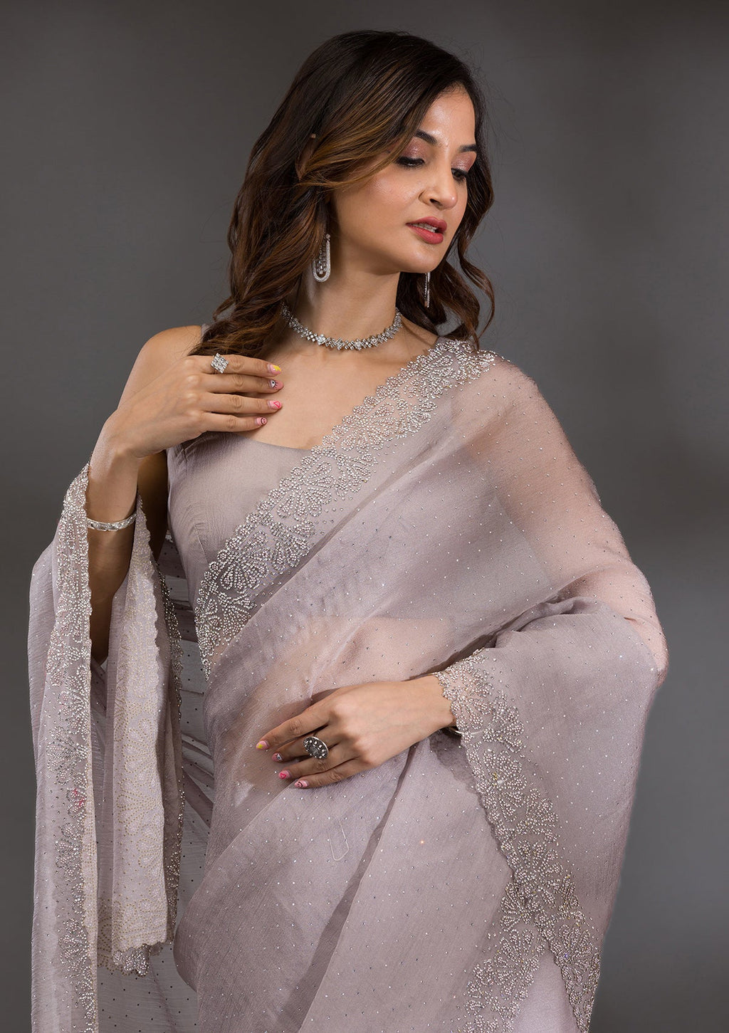 Grey Stonework (Silver) Georgette Saree