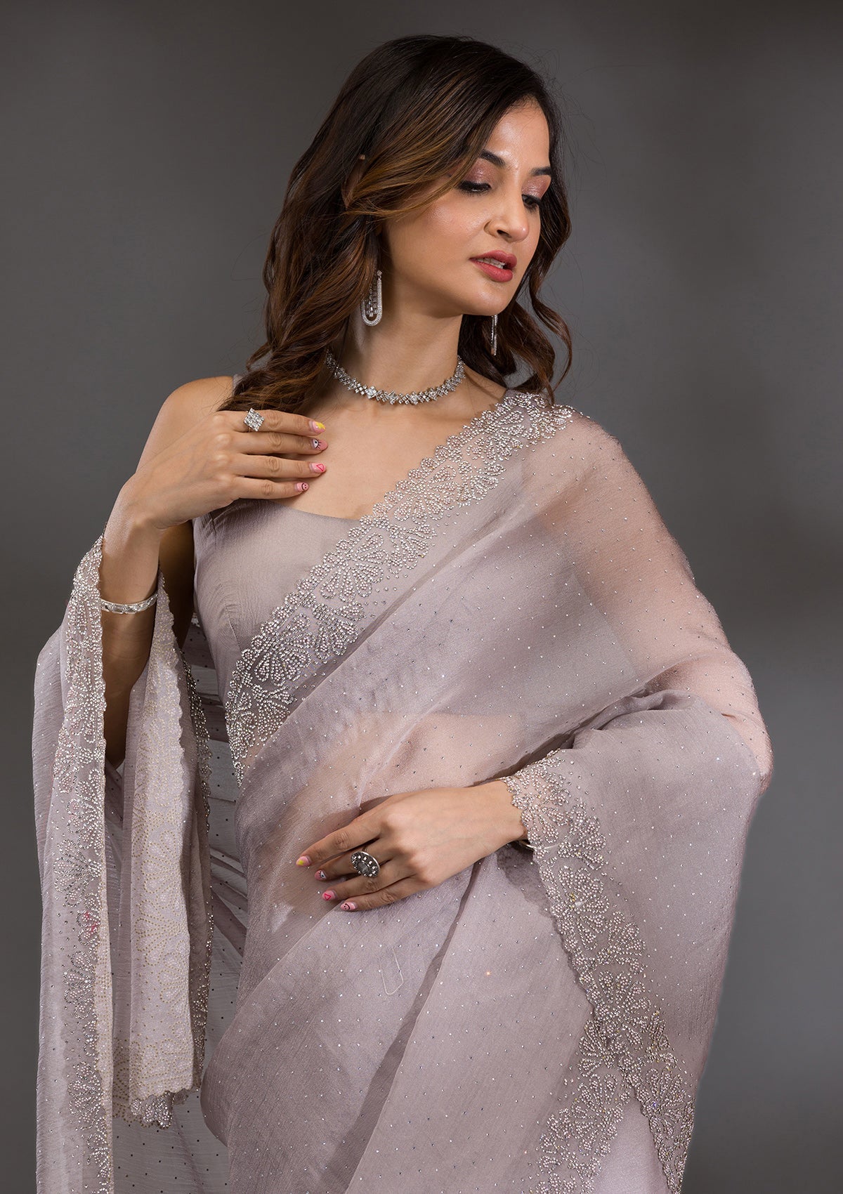 Grey Stonework (Silver) Georgette Saree