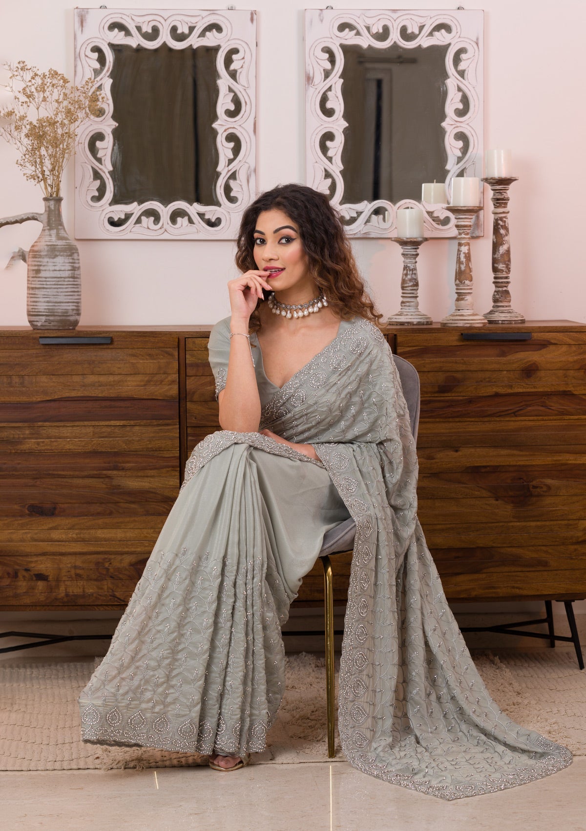 Grey Threadwork Georgette Designer Saree