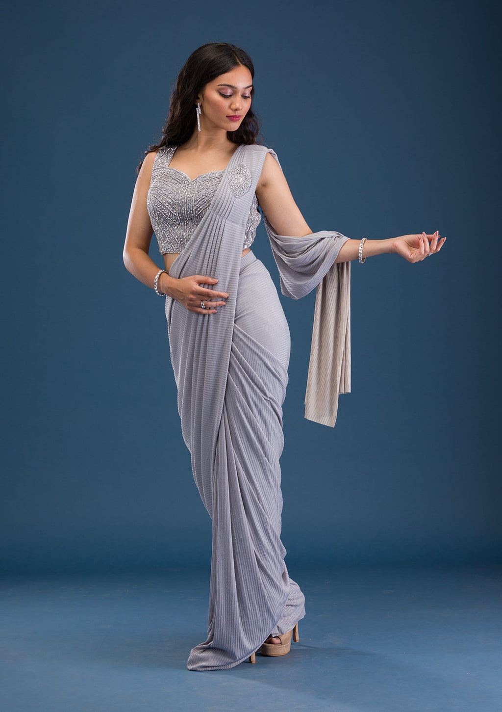 Grey Stonework (Gold) Georgette Saree