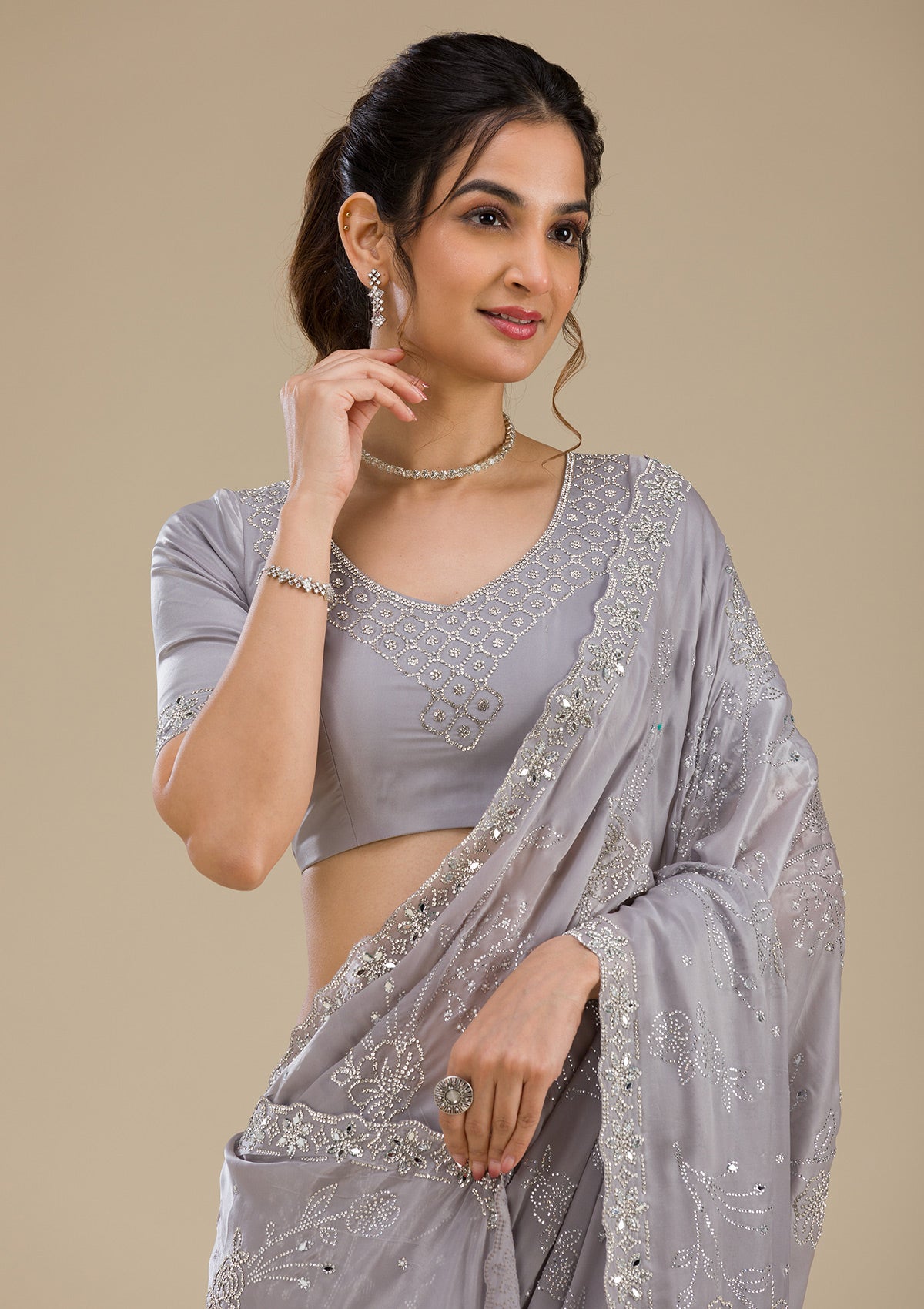 Grey Stonework (Silver) Tissue Saree