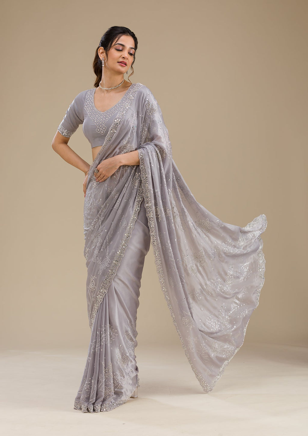 Grey Stonework (Silver) Tissue Saree