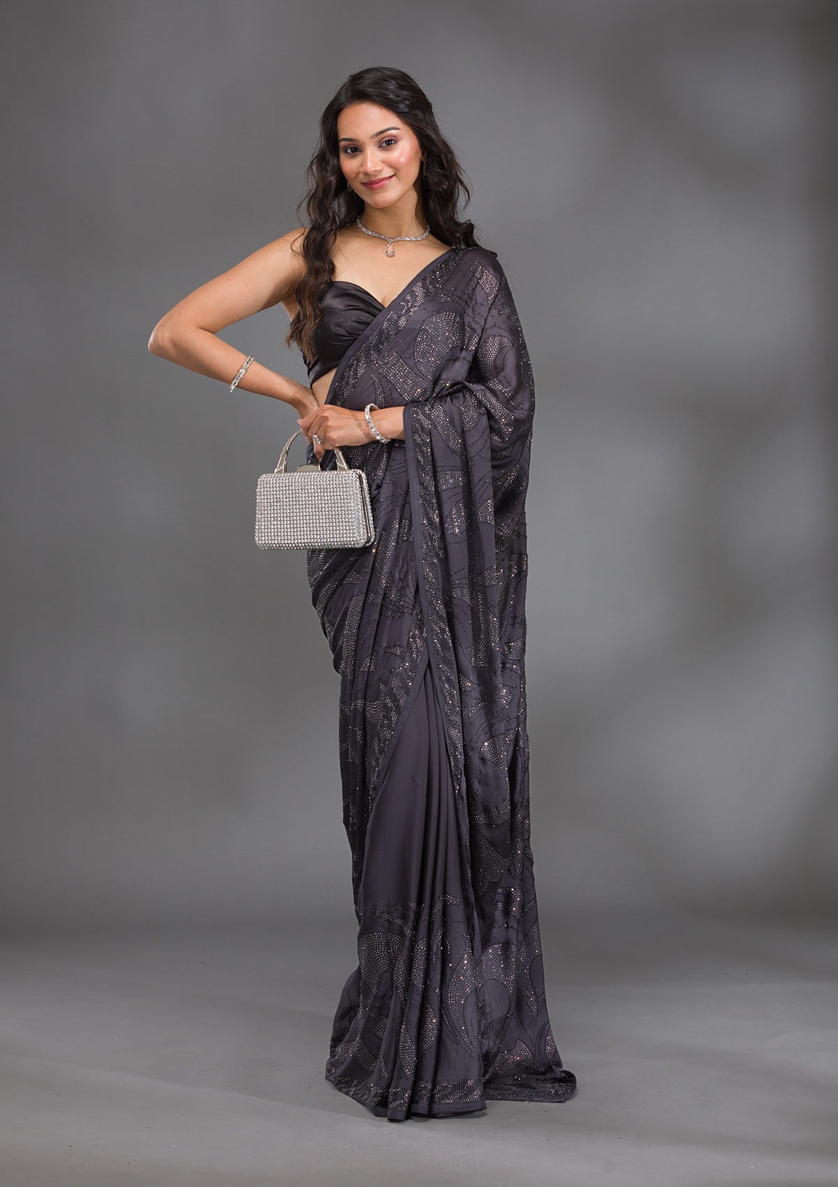 Grey Swarovski Satin Saree