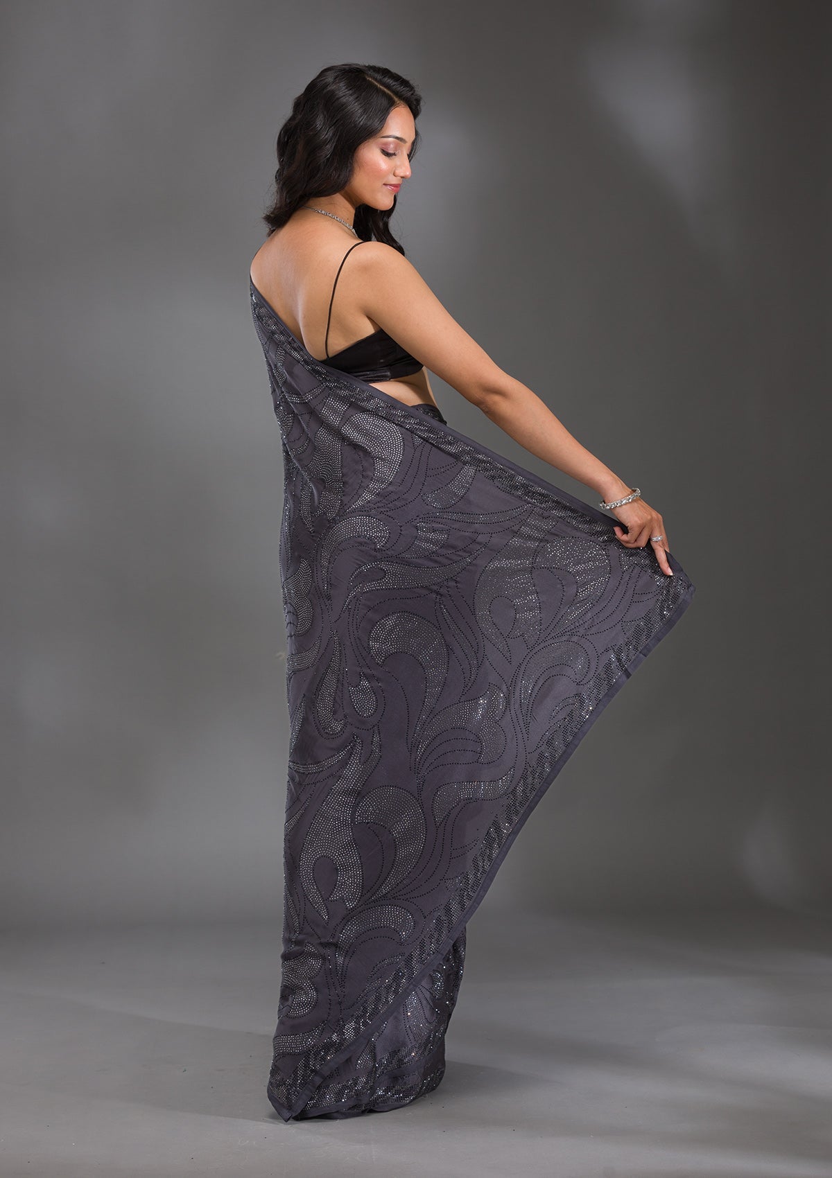 Grey Swarovski Satin Saree