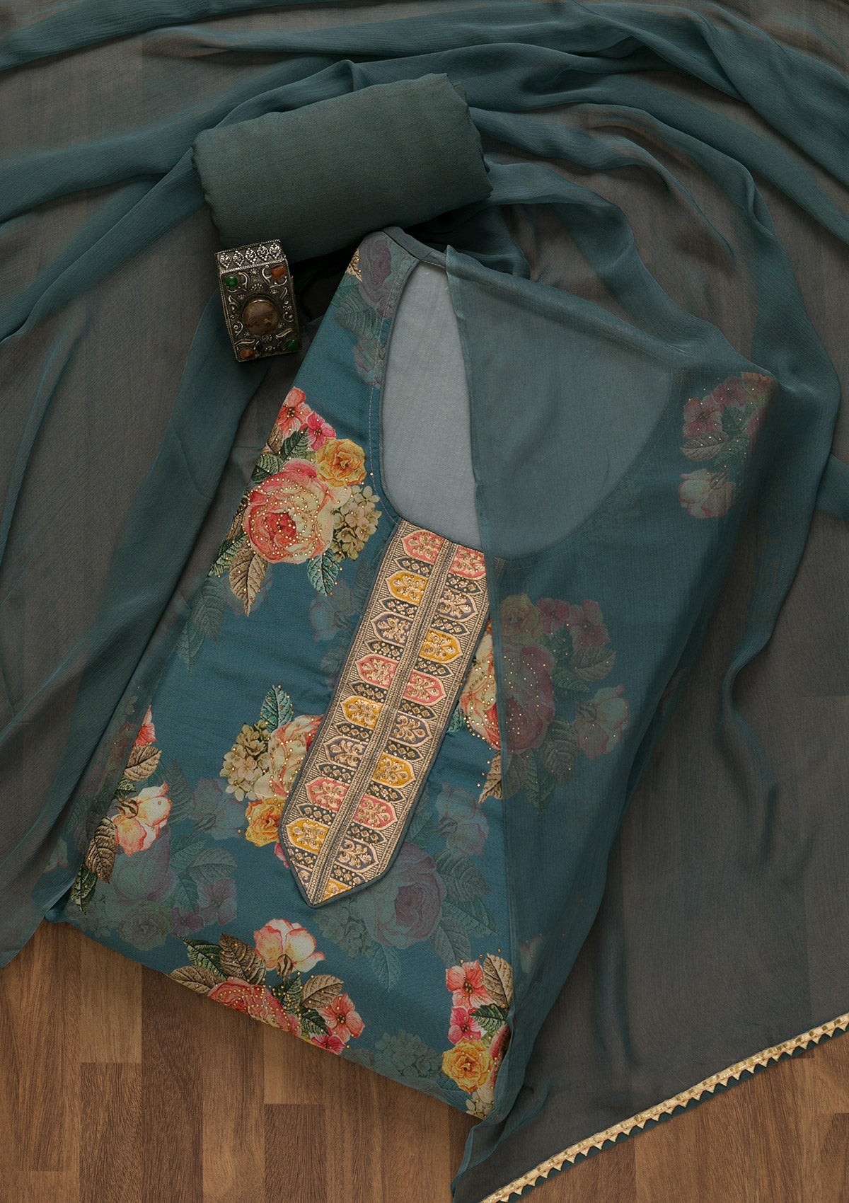 Grey Swarovski Semi Crepe Unstitched Salwar Suit