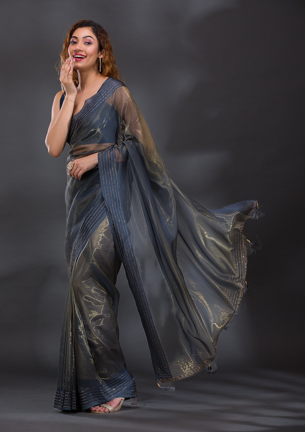 Grey Swarovski Organza Saree
