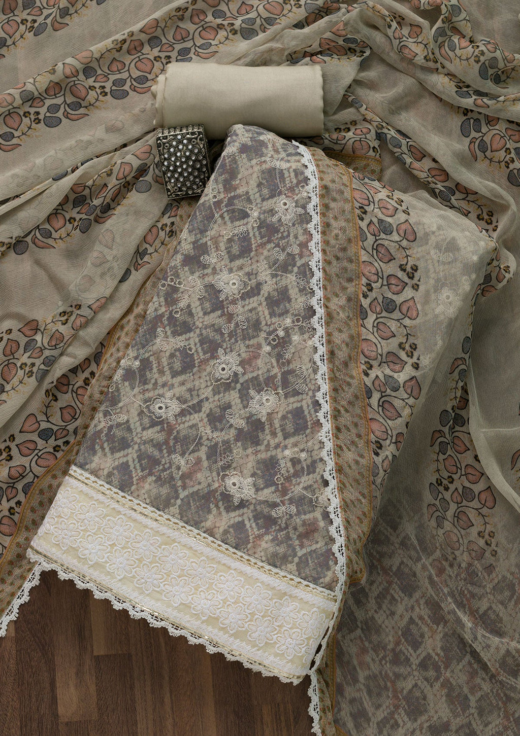 Grey Threadwork Chiffon Unstitched Salwar Suit