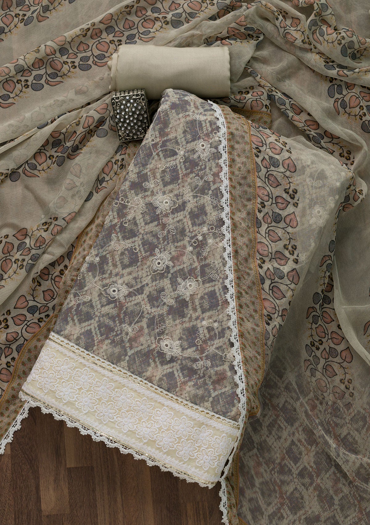 Grey Threadwork Chiffon Unstitched Salwar Suit