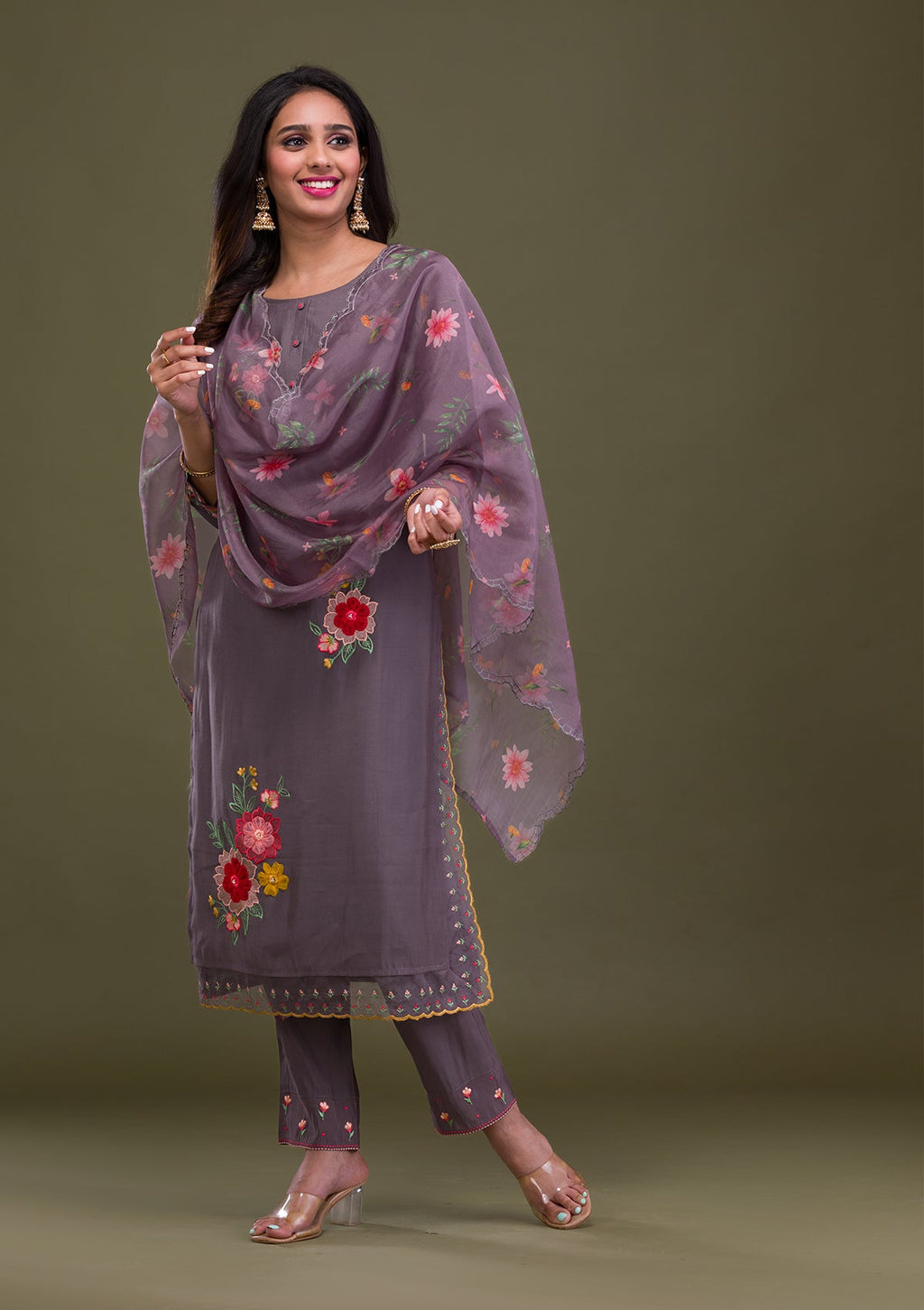 Grey Threadwork Cotton Readymade Salwar Suit