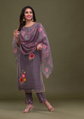 Grey Threadwork Cotton Readymade Salwar Suit