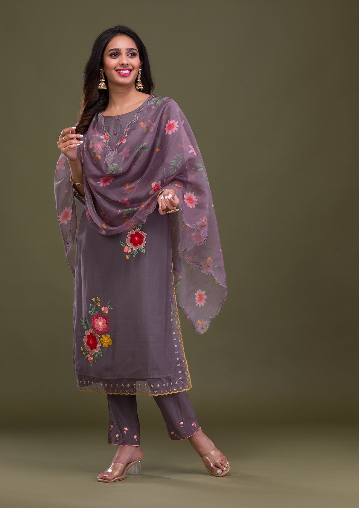 Grey Threadwork Cotton Readymade Salwar Suit