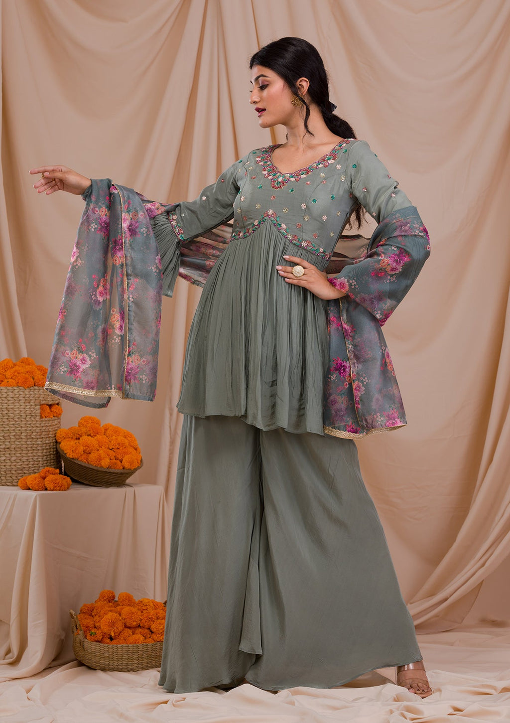 Grey Threadwork Crepe Readymade Sharara Suit