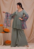 Grey Threadwork Crepe Readymade Sharara Suit
