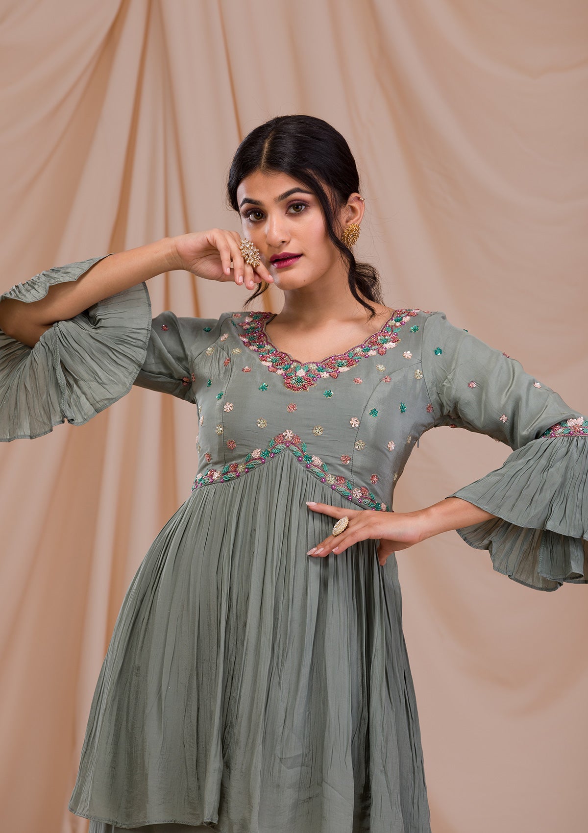 Grey Threadwork Crepe Readymade Sharara Suit