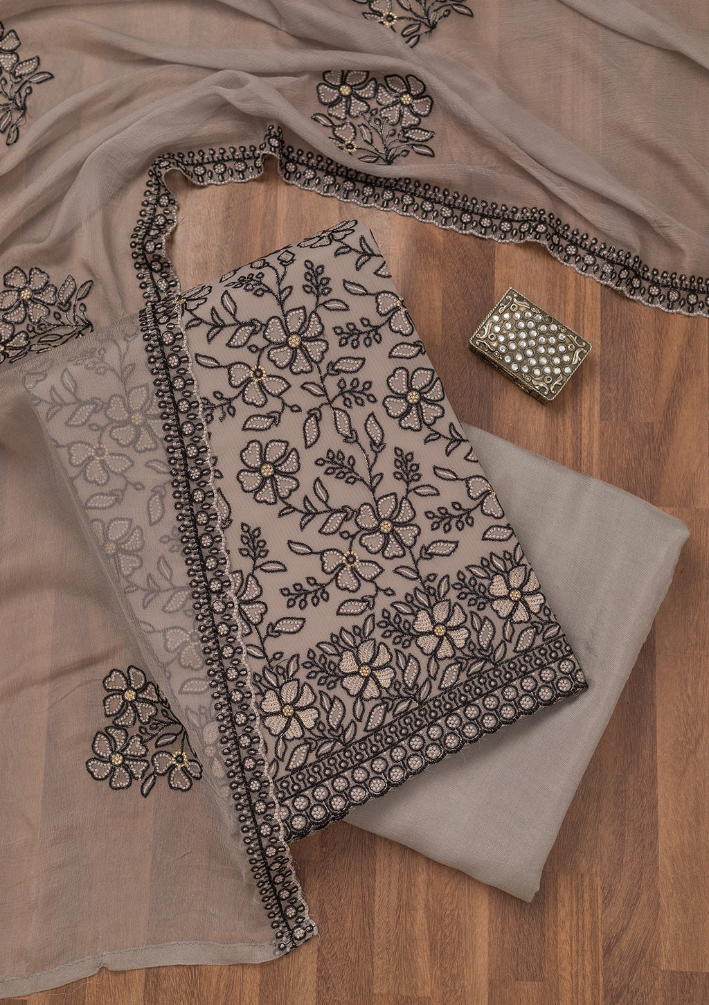 Grey Threadwork Georgette Unstitched Salwar Suit