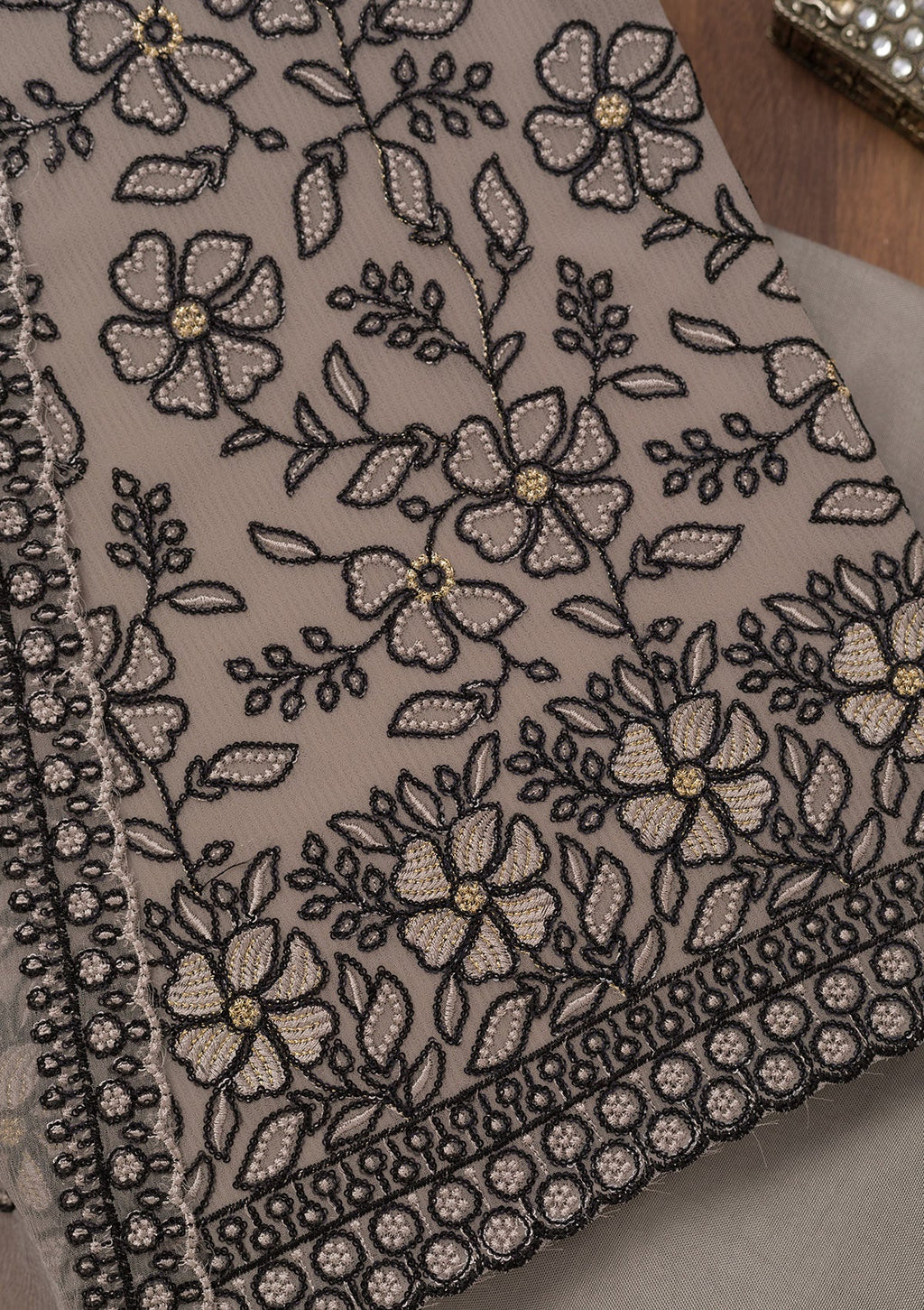 Grey Threadwork Georgette Unstitched Salwar Suit