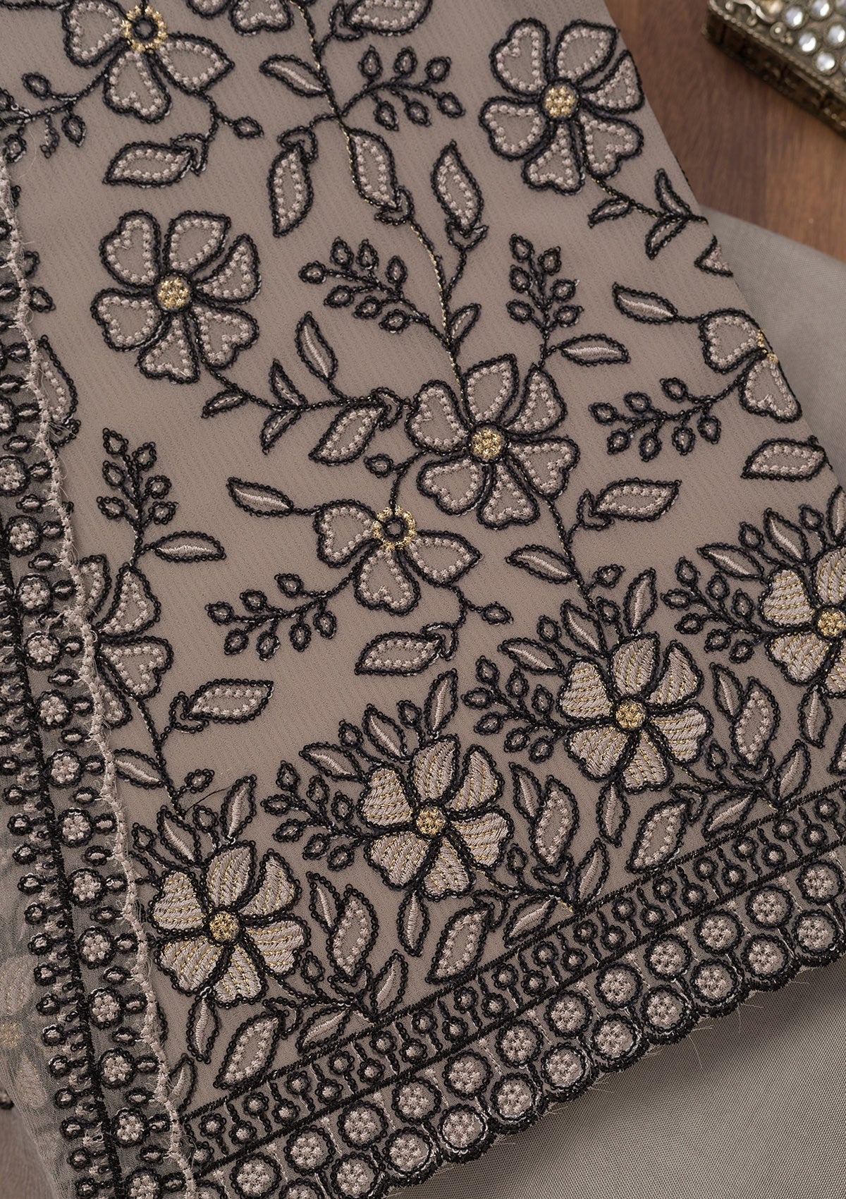 Grey Threadwork Georgette Unstitched Salwar Suit