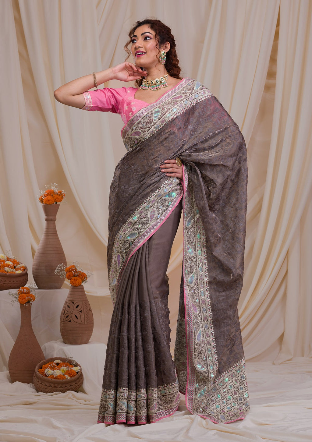 Grey Threadwork Georgette Saree