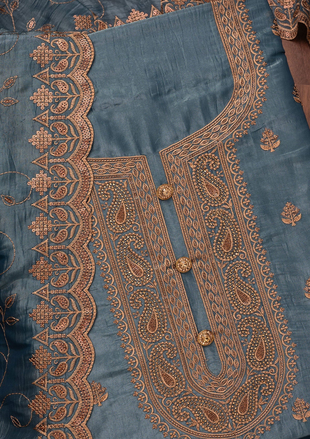 Grey Threadwork Raw Silk Unstitched Salwar Suit