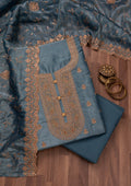 Grey Threadwork Raw Silk Unstitched Salwar Suit