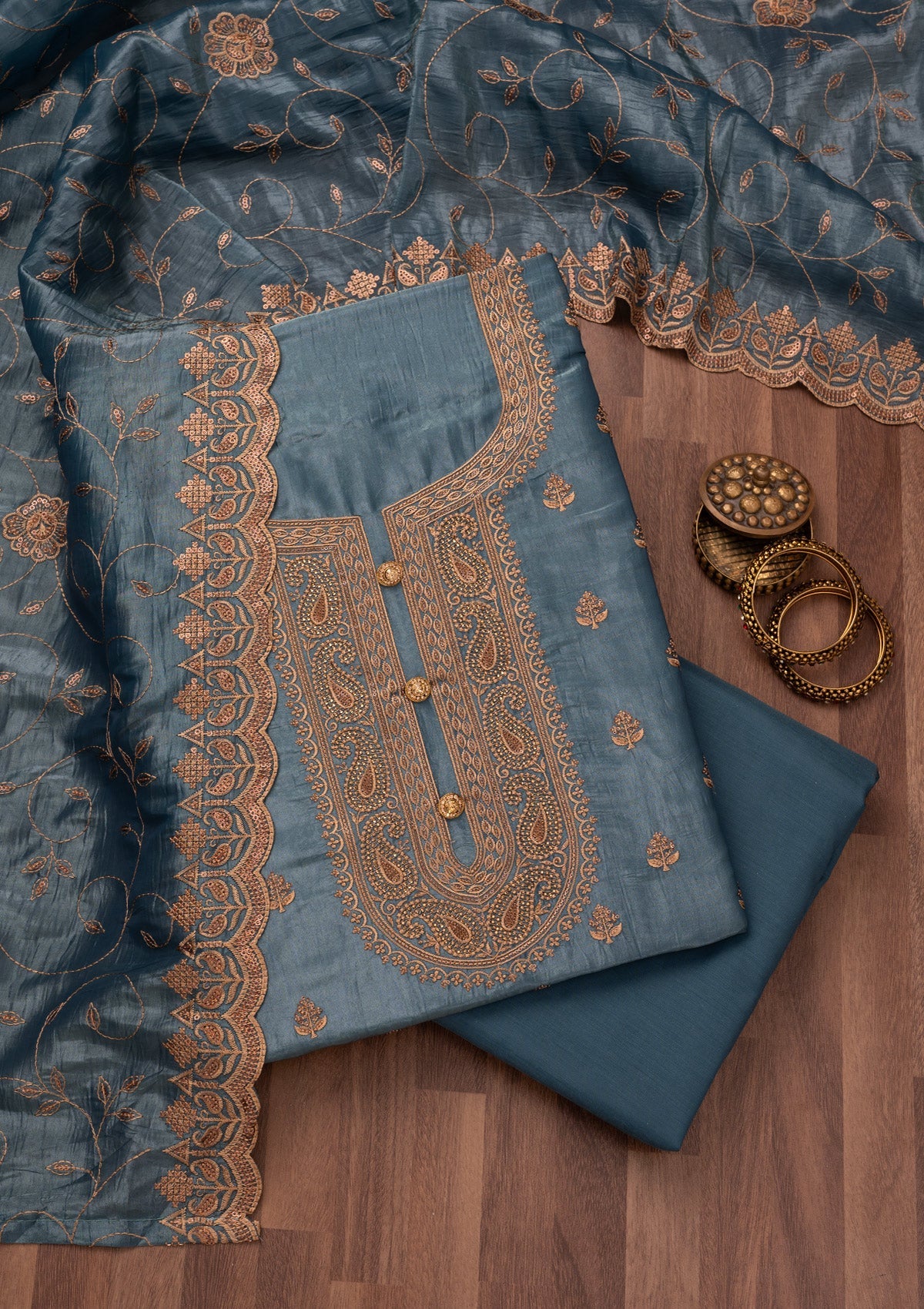 Grey Threadwork Raw Silk Unstitched Salwar Suit