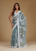 Grey Threadwork Organza Saree