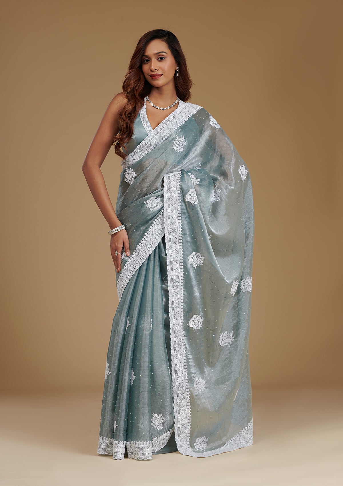 Grey Threadwork Organza Saree