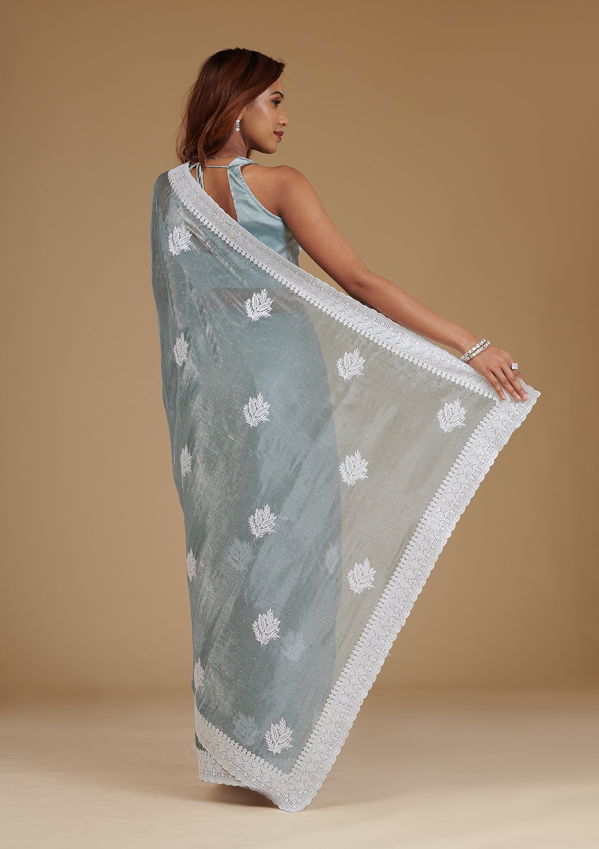 Grey Threadwork Organza Saree