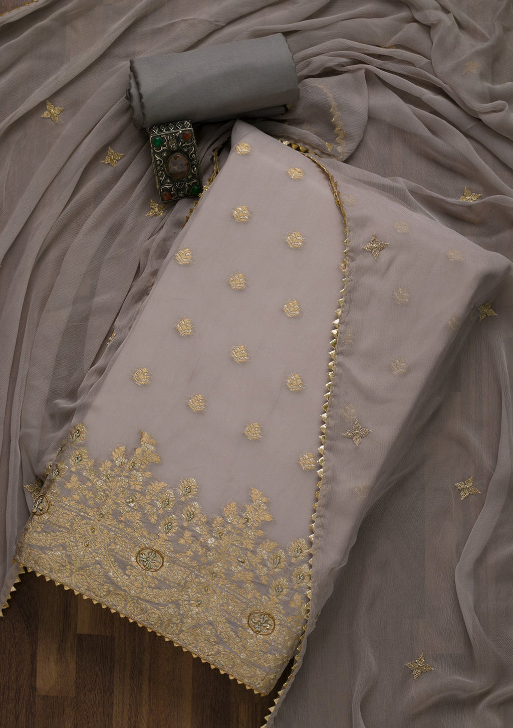 Grey Zariwork Art Silk Semi-Stitched Salwar Suit