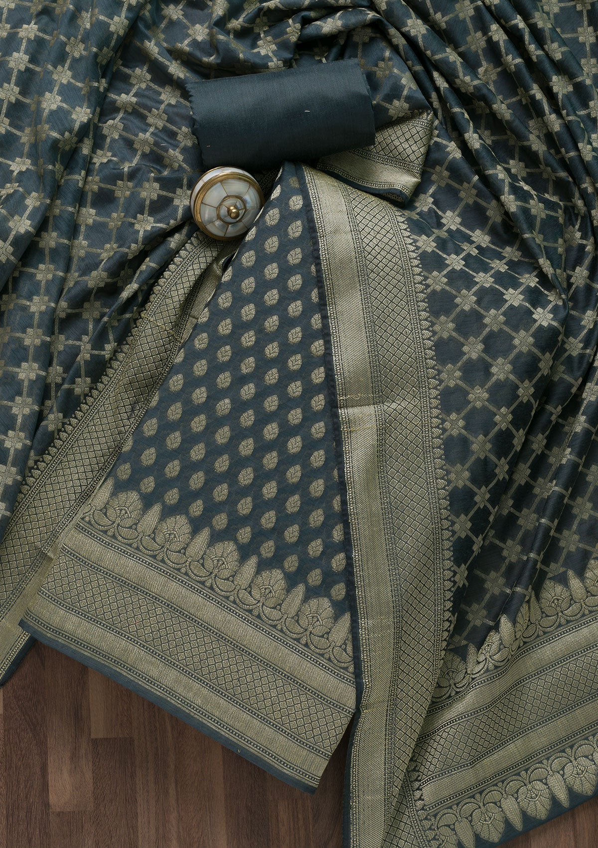 Grey Zariwork Banarasi Unstitched Salwar Suit