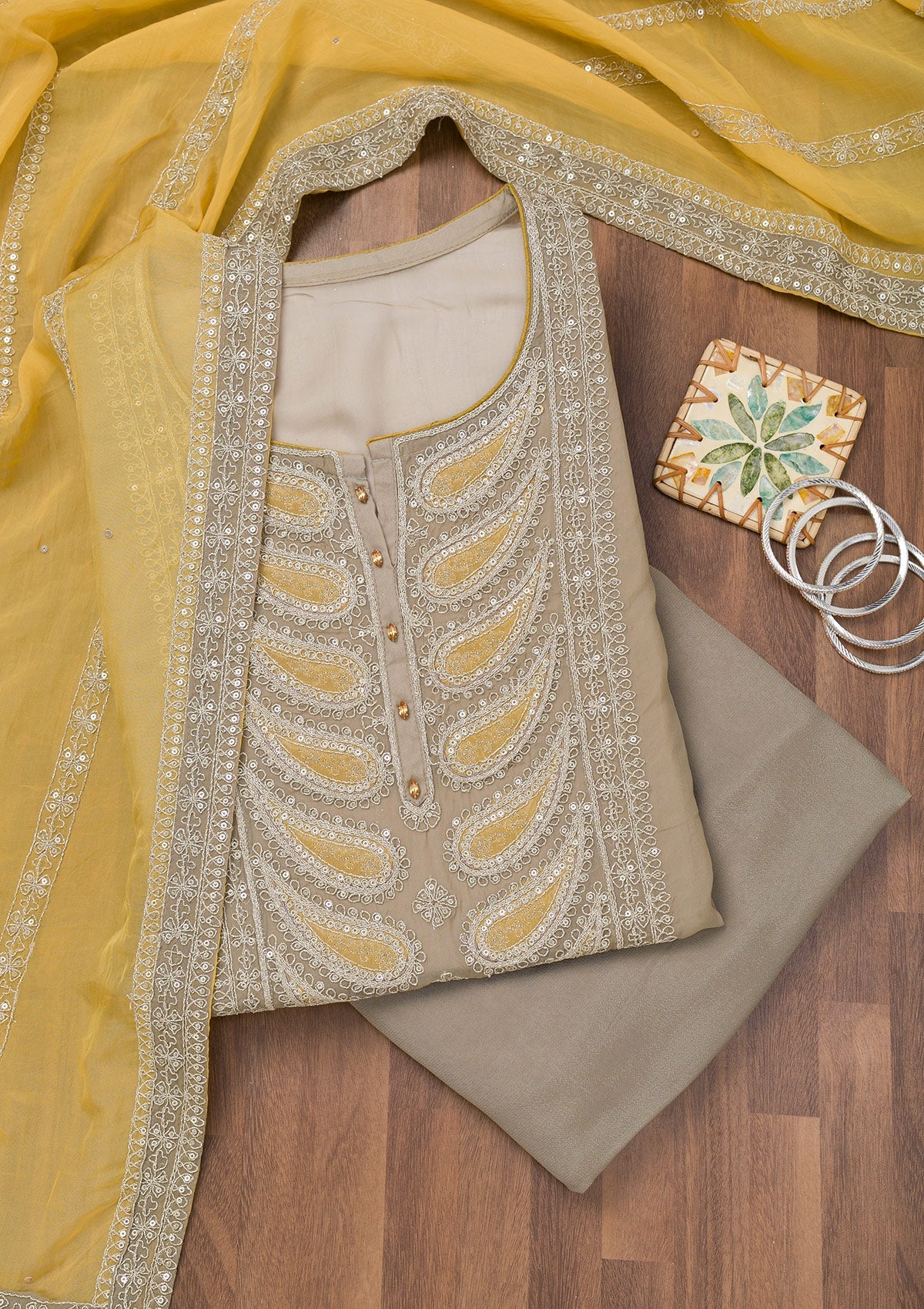 Grey Zariwork Semi Crepe Unstitched Salwar Suit