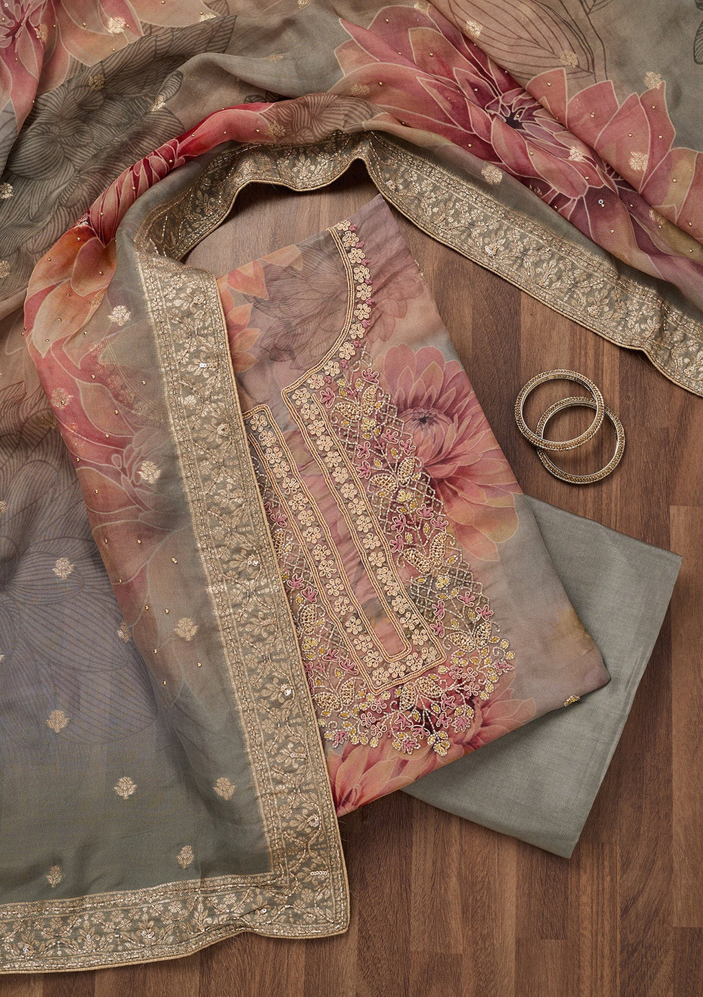 Grey Zariwork Tissue Unstitched Salwar Suit