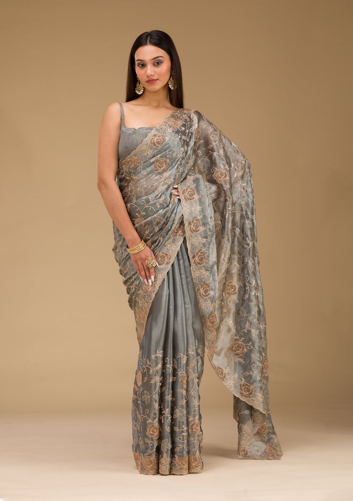 Grey Zariwork Tissue Saree