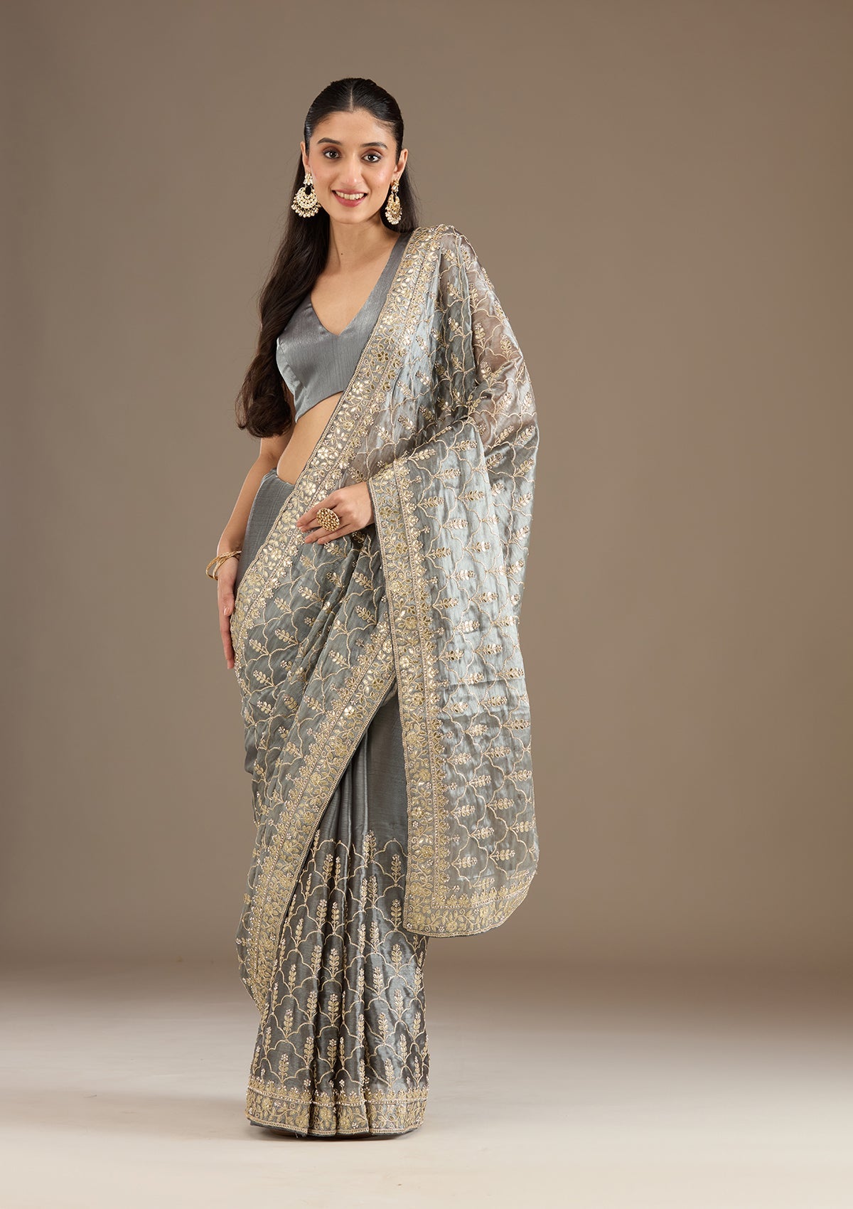 Grey Zariwork Tissue Saree