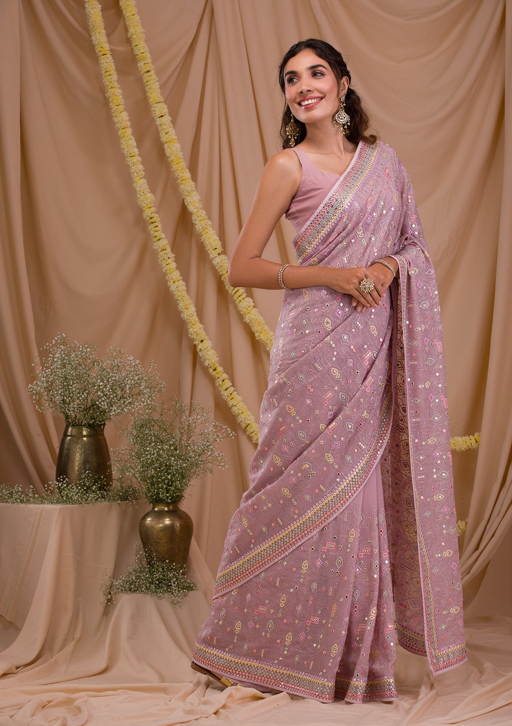 Lavender Chikankari Chiffon Saree