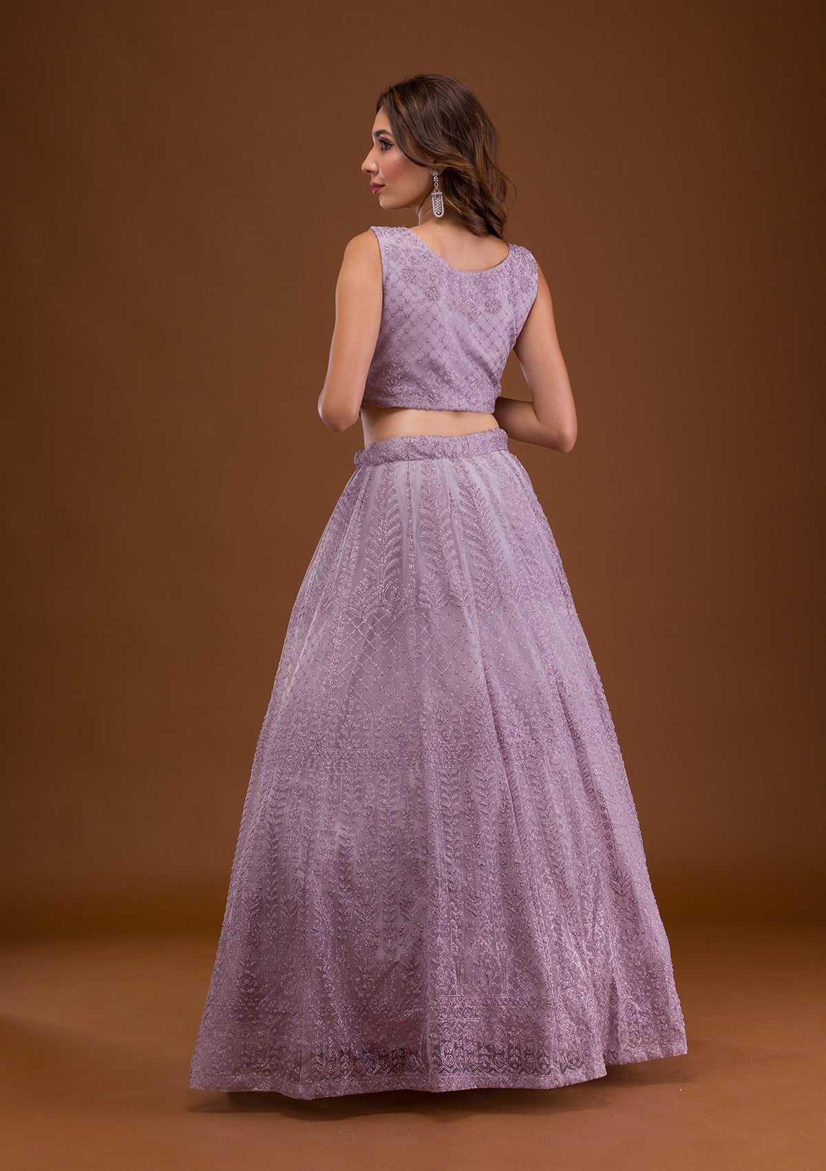 Lavender Pearlwork Net Readymade Lehenga