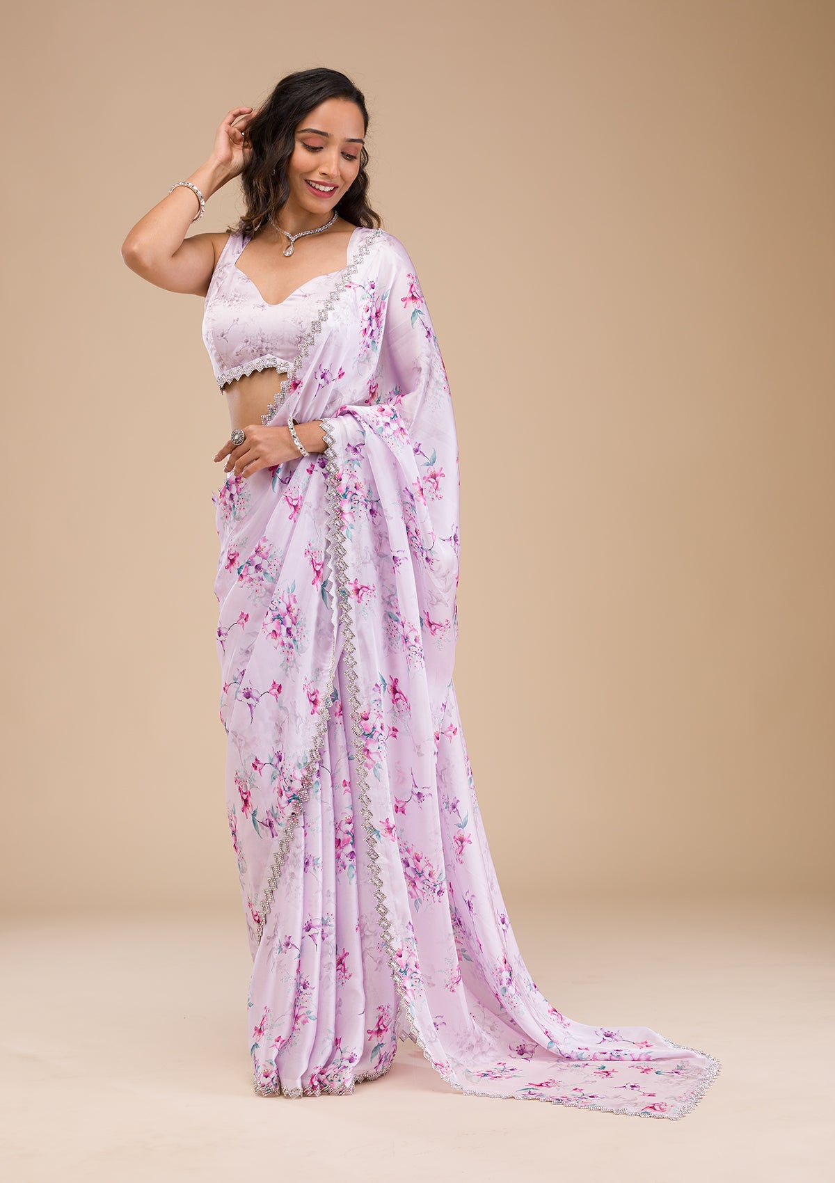 Pink Stonework (Silver) Semi Crepe Saree